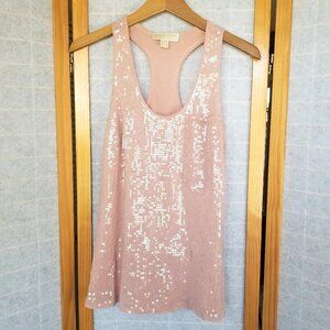 Michael Kors XS 100& Silk Sequin Tank Top Pink Nude Racerback Y2K Disco EUC